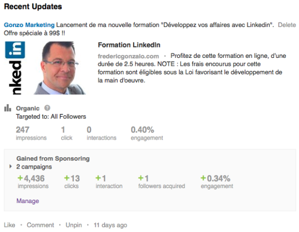 Organic and Sponsored results for a given Linkedin Company Page post