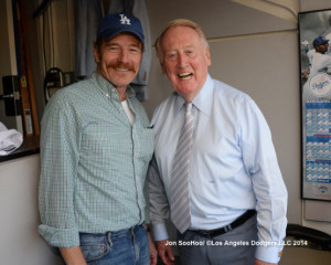 You know Vin Scully (right) is a big deal when Walter White (Bryan Cranston) is excited to meet him.  Photo Credit: Jon SooHoo, LA Dodgers.