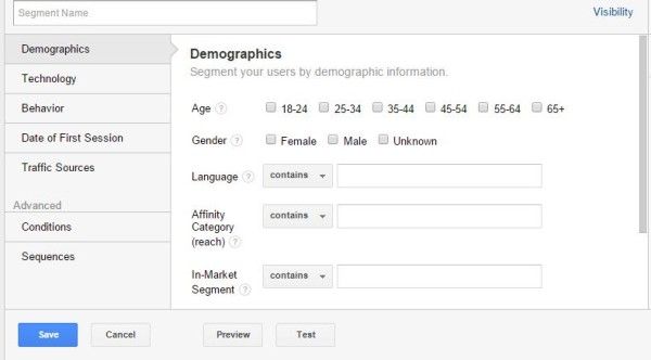 Custom Segment creator highlighting Demographics options
