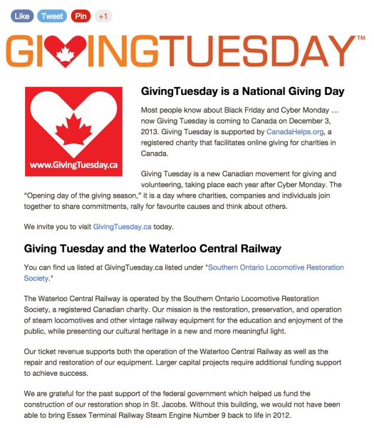 Waterloo Central Railway Giving Tuesday email