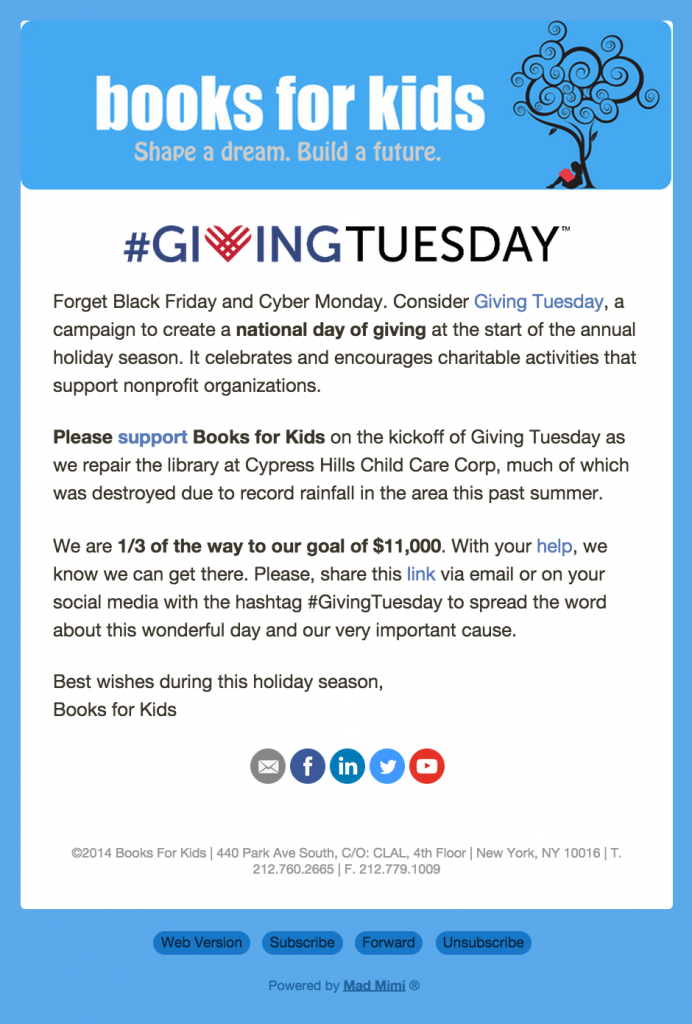 #givingtuesday email from Books for Kids