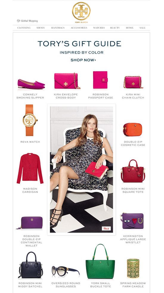 Tory Burch provides gift-purchasing ideas for subscribers.