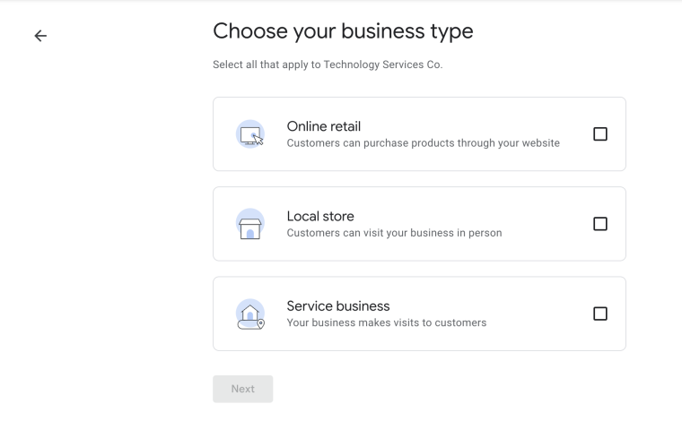 Listing your business on Google: Screenshot of type of business