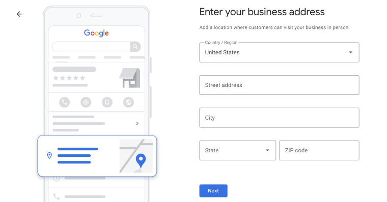 Listing your business on Google: Screenshot showing adding a business address