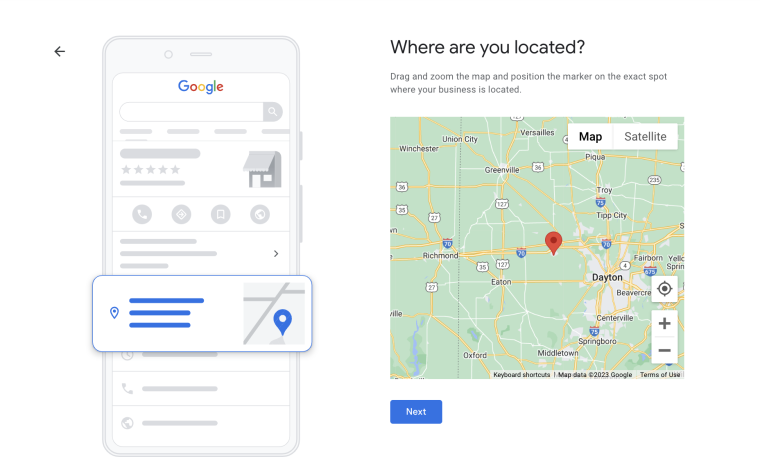 Listing your business on Google: Screenshot showing map marker placing