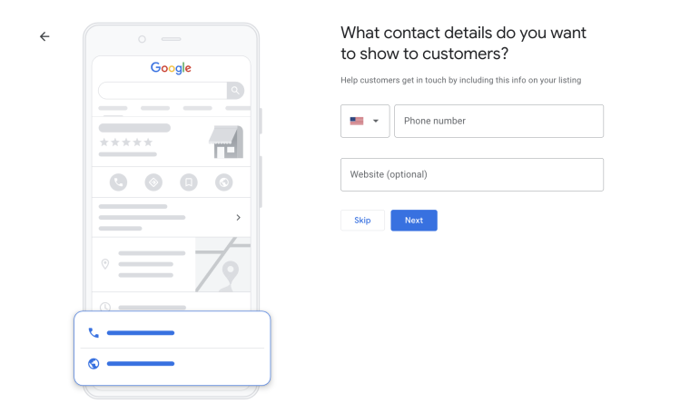 Listing your business on Google: Screenshot of adding contact details 