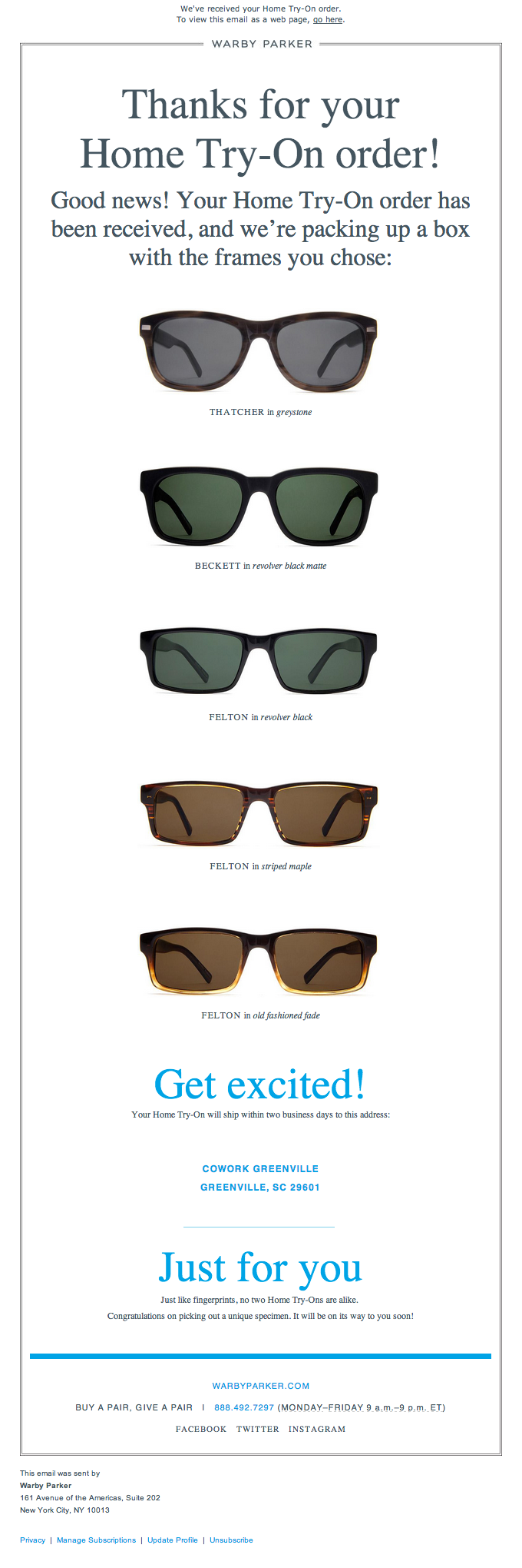 Warby Parker Email Receipt