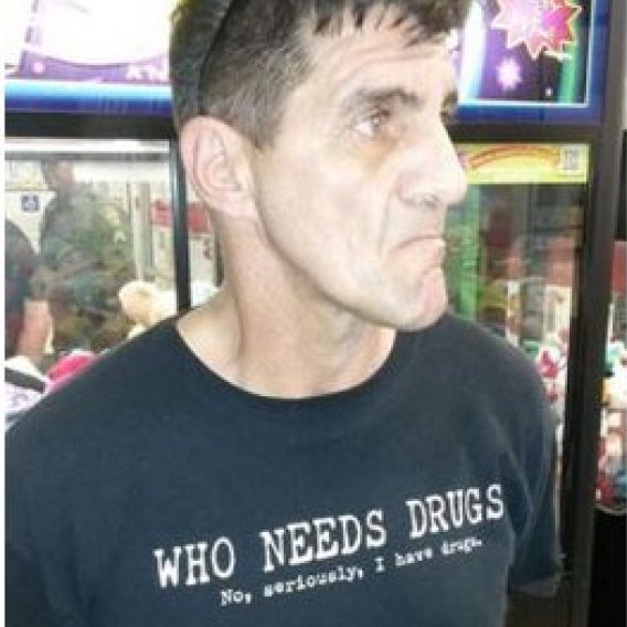 balmer arrested in "i have drugs" shirt