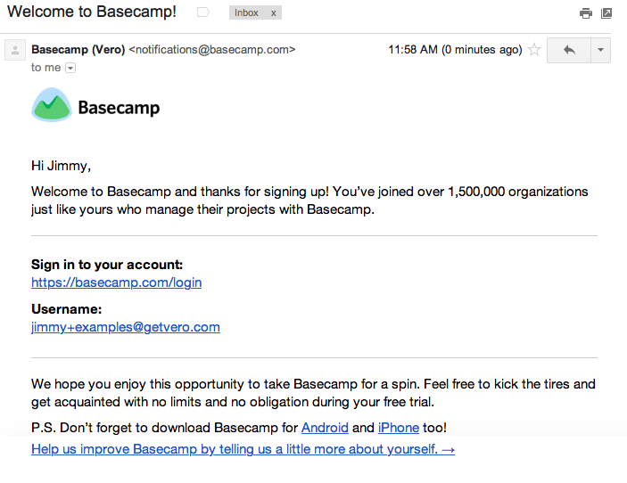 basecamp welcome email