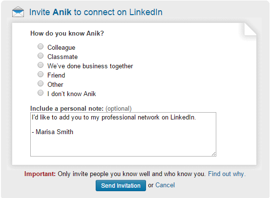 Don't use a generic LinkedIn invitation like this one!