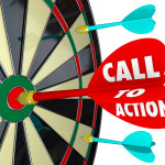 Call to Action words on a dart hitting a target on a board to il