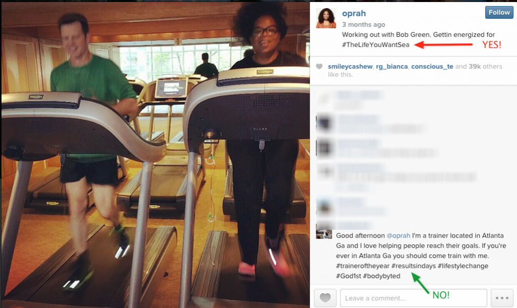 Oprah uses just one hashtag to promote her upcoming cruise. But the commenter "spamming" her post is using far more.