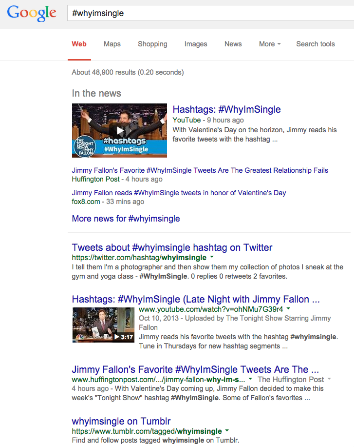 A Google search displays the results for the #whyimsingle hashtag