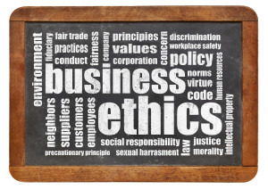 business ethics word cloud on a vintage blackboard