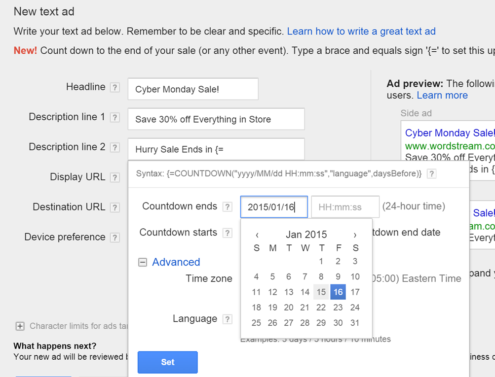 New AdWords tools ad customizers countdown