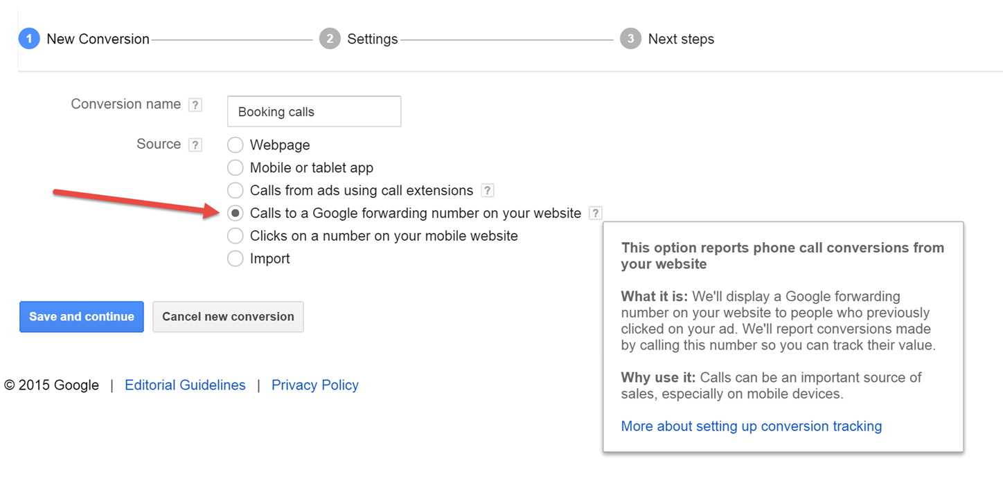 New AdWords tools configuring website call conversions step one