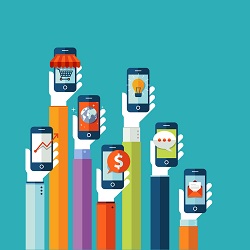 Hands hold up mobile devices with logos representing various online marketing tools.