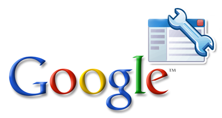 The colorful Google logo, accompanied by an icon of Webmaster Tools, a wrench laid over an internet browser.