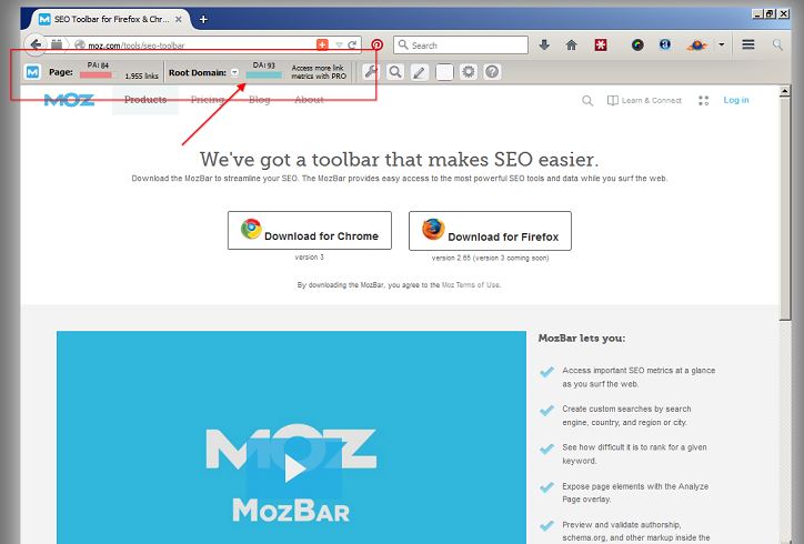 snapshot showing the moz toolbar in use on a website
