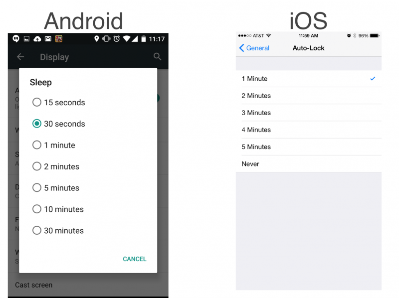 Sleep and auto-lock settings on Android and iOS