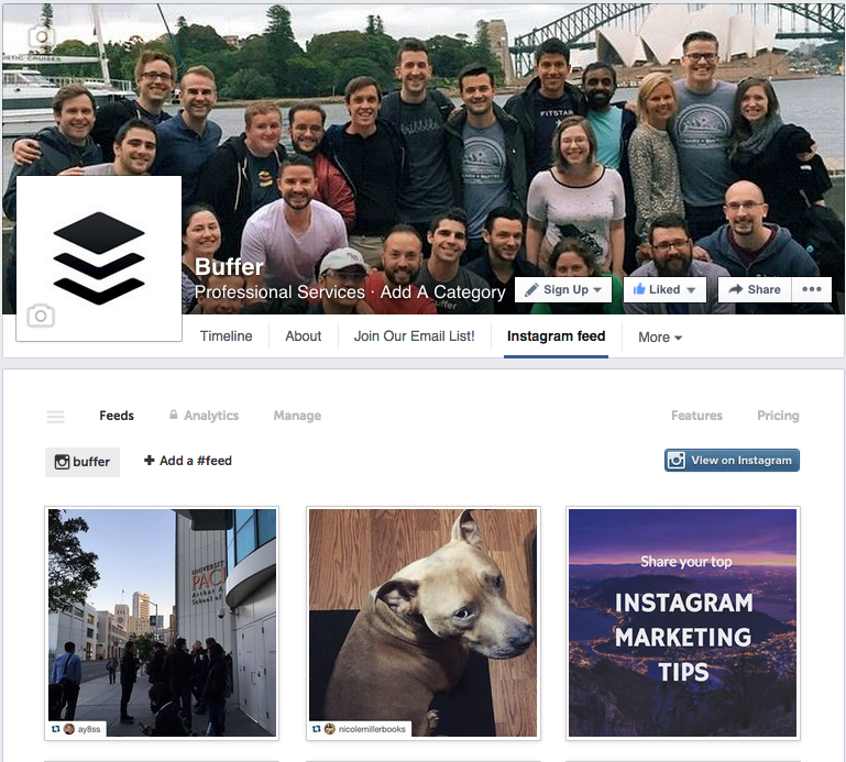 Facebook page with Instagram feed