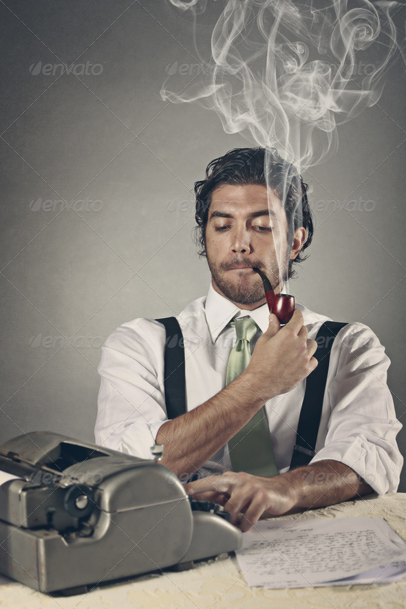 Pipe smoking writer with funny expression