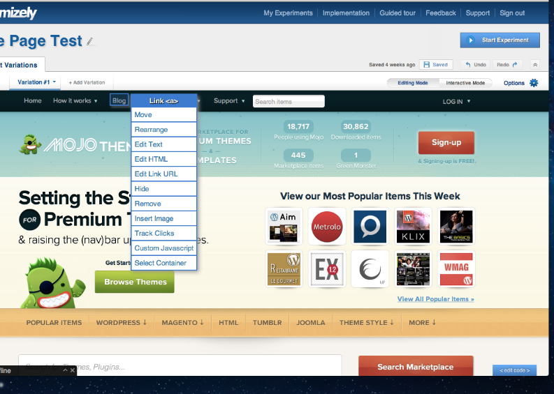 AB testing tips Optimizely visual editor screenshot