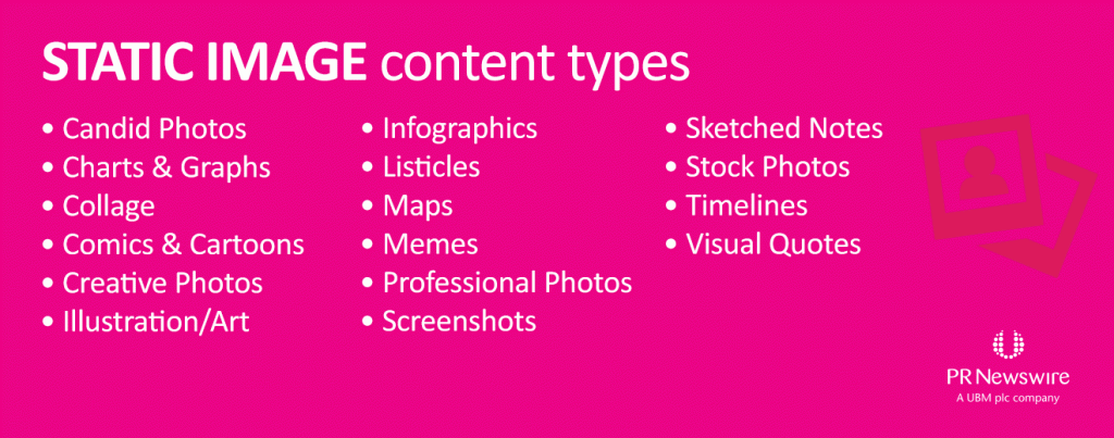 Static Image content types: candids, charts & graphs, collage, comics & cartoons, creative photos, illustration/art, infographics, listicles, maps, memes, professional photos, screenshots, sketched notes, stock photos, timelines, visual quotes
