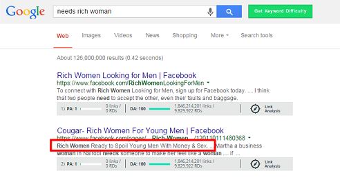 snap of "needs rich woman" search results with convincing meta description highlighted