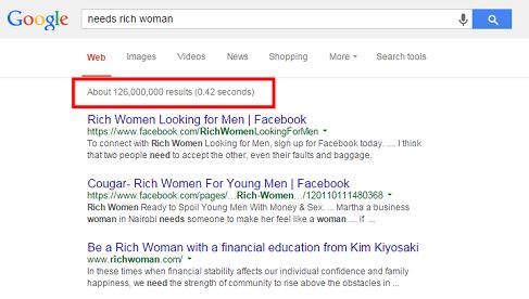 snap of google search results for "needs rich woman"