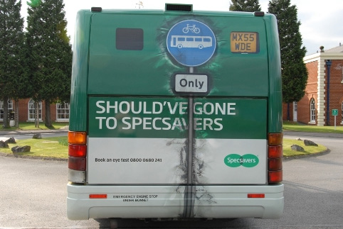 Specsavers slogan on back of bus