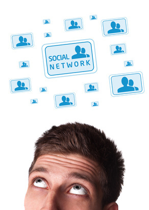 Young persons head looking with gesture at social type of icons and signs