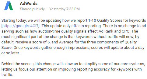 Google' announcement about an update in quality score reporting on Google+