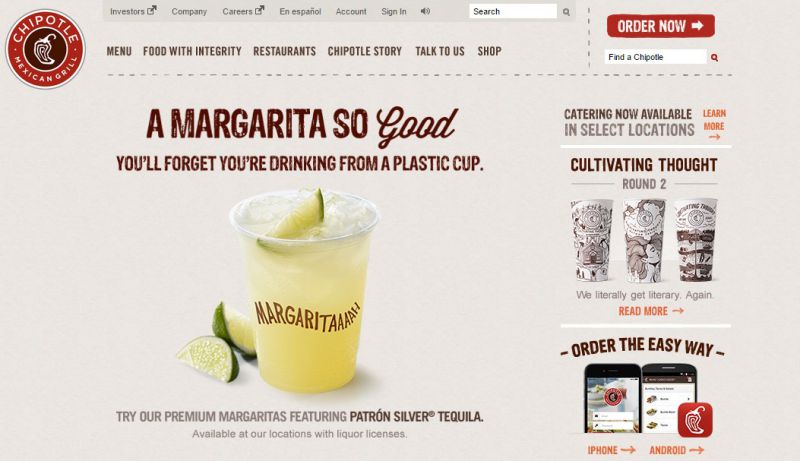 Image of Chipotle's website. Main text says 