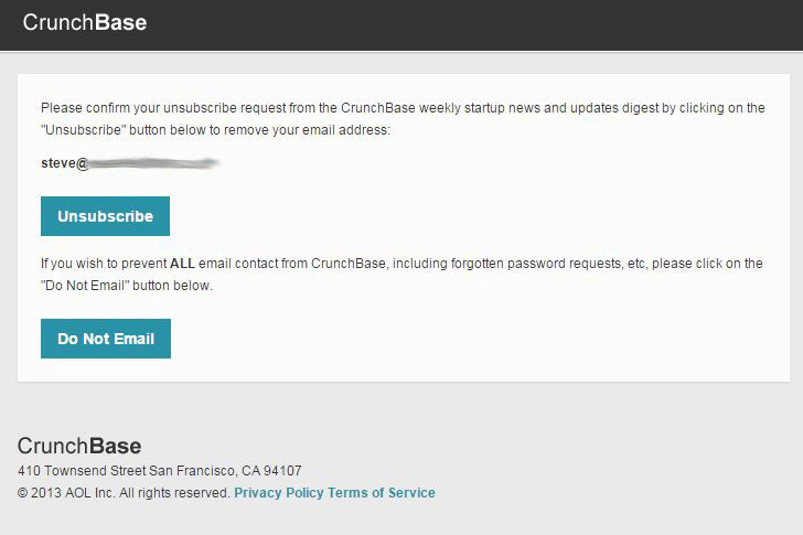 Crunchbase unsubscription screen