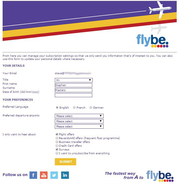 Flybe unsubscribe screen