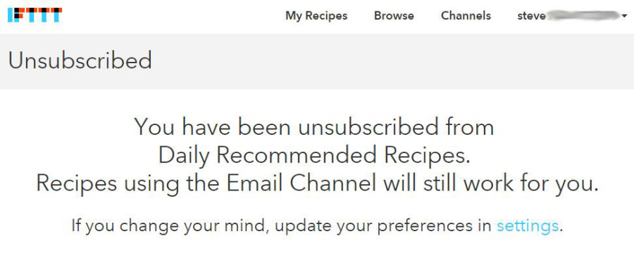 IFTTT unsubscribe screen