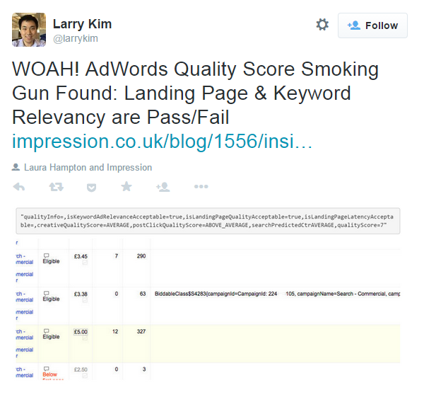 Landing page relevance Larry Kim Quality Score tweet