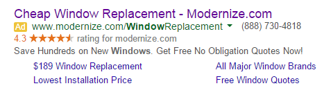 Landing page relevance window ad