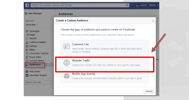 Paid social media Facebook custom website audiences