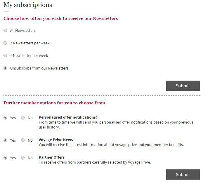 Voyage Privé unsubscribe screen