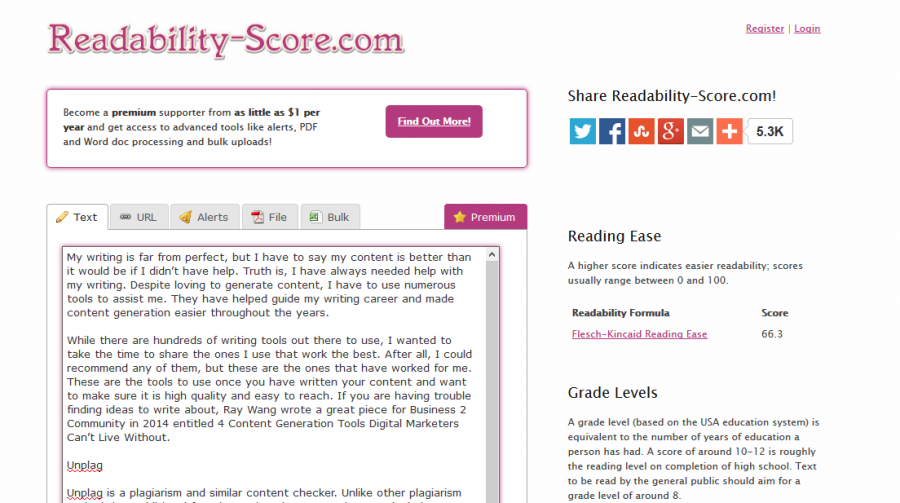 Screenshot of Readability Score website showing the readability of this article prior to posting on Business 2 Community. 
