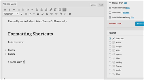 WP version 4.3 - Formatting Shortcuts