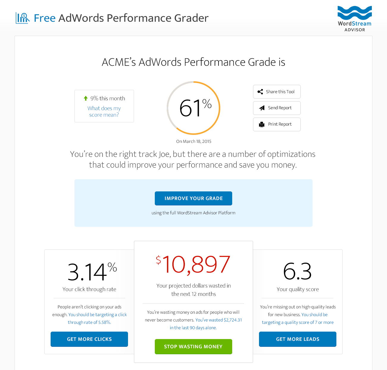 Online marketing tools WordStream AdWords Performance Grader