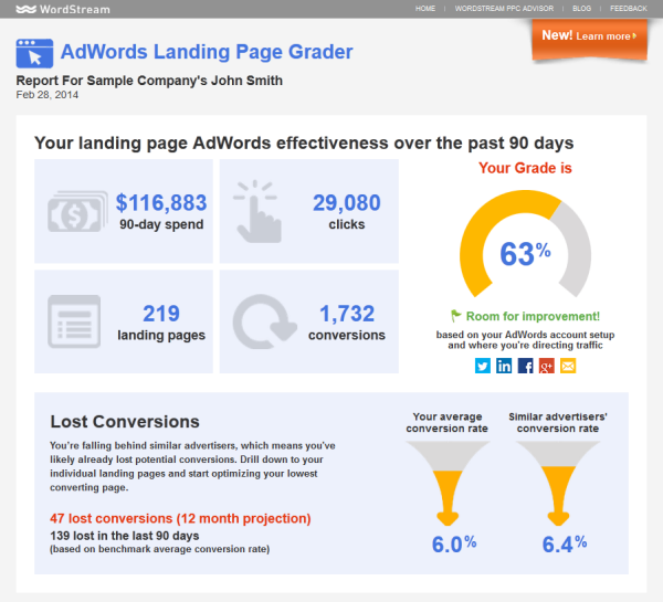 Online marketing tools WordStream Landing Page Grader