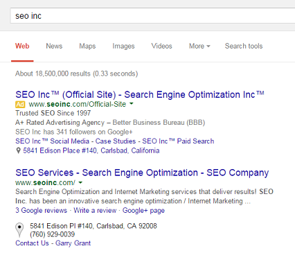 Search results showing SEO Inc. in the top spots for both organic and paid search results.