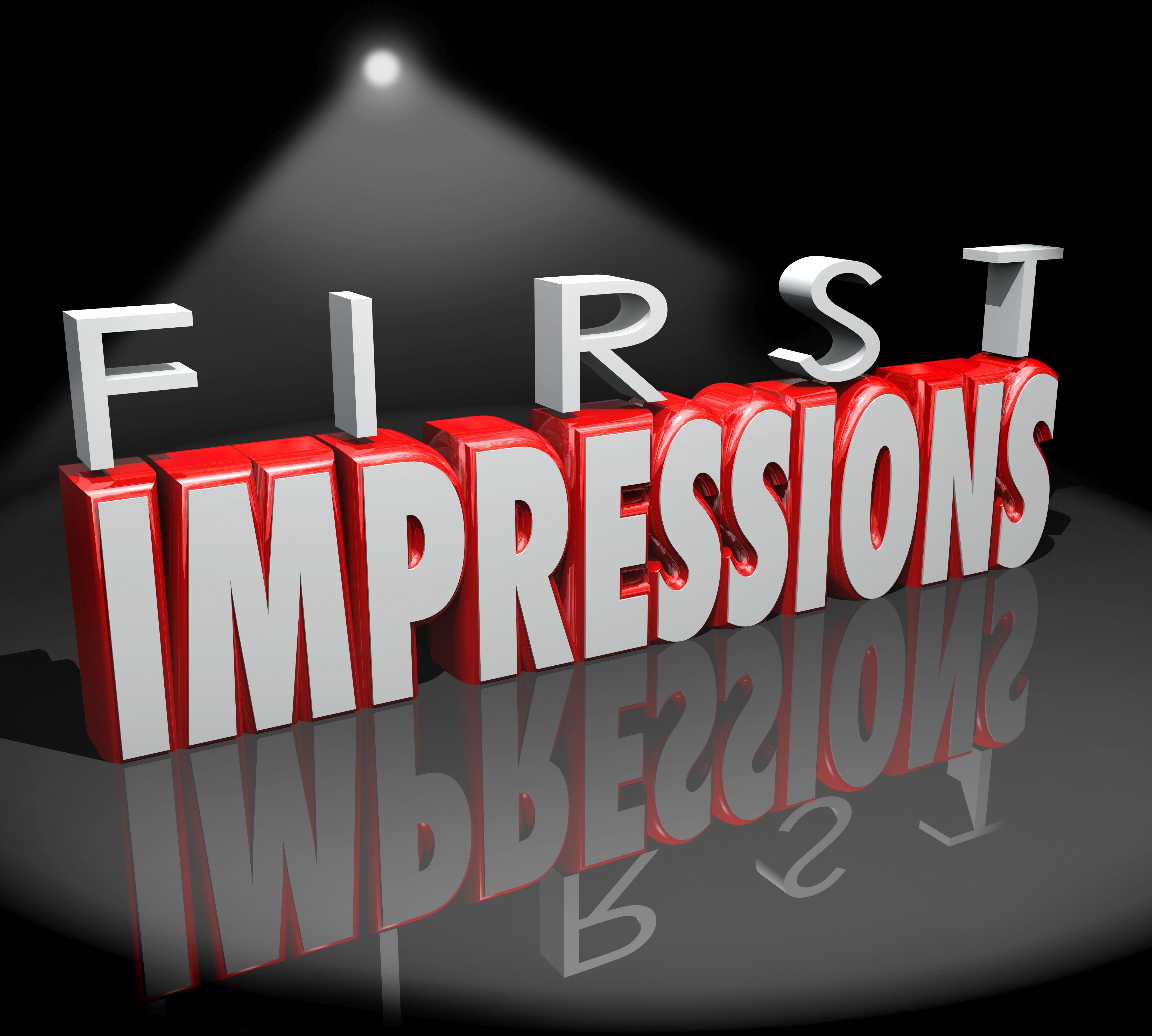 First Impressions words in 3d letters under a spotlight as an introduction to new people, a meeting or debut