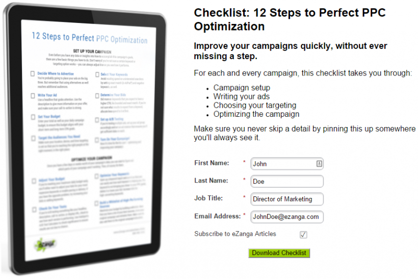 eZanga Landing Page for 12 Steps to Perfect PPC Optimization Checklist