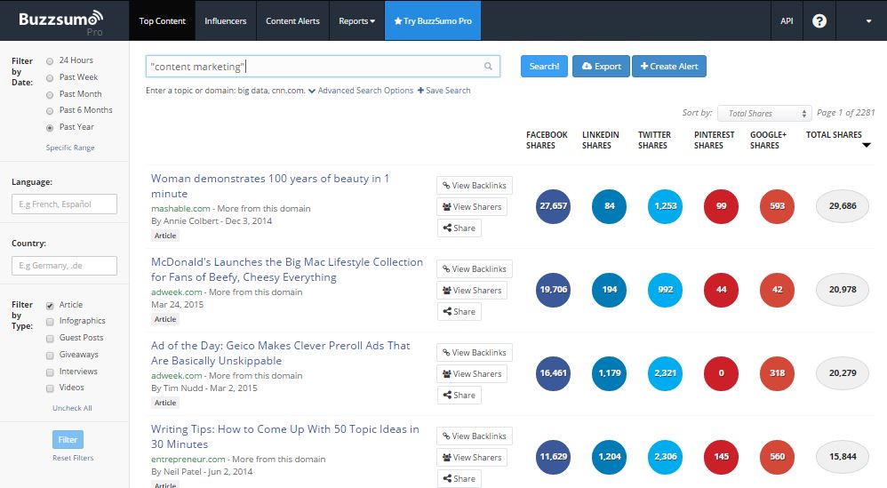 buzzsumo example of how to find popular blogs 