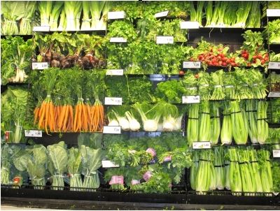 Image of fruits and vegetables in a grocery store. Makes the case for an analogy about how to pick blog categories and tags.